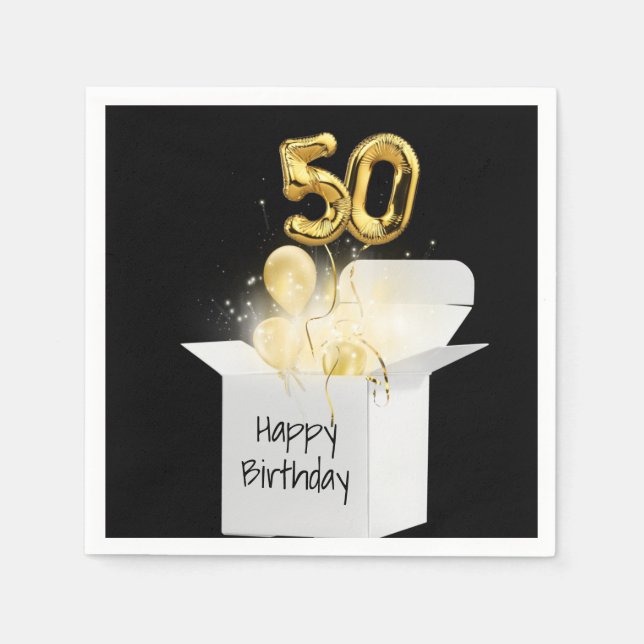 50th Birthday Gold Balloons In White Box     Napkin (Front)