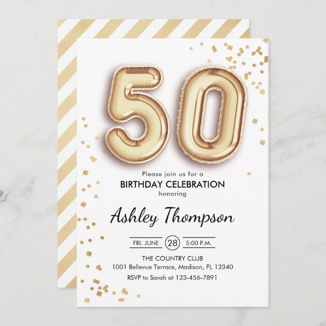 50th Birthday - Gold Balloons Invitation (Front/Back)