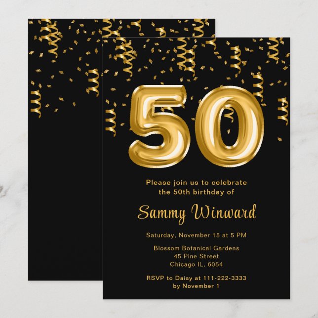 50th Birthday Gold Balloons with Confetti Invitation (Front/Back)