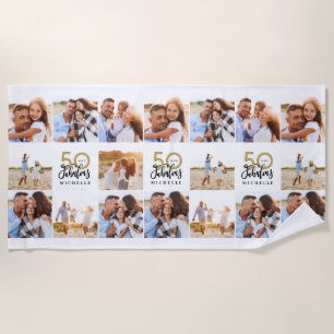 50th birthday gold black photo collage chic beach  beach towel