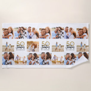 50th birthday gold black photo collage chic beach towel