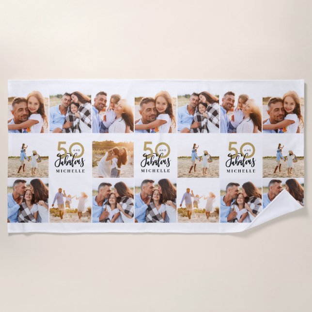 50th birthday gold black photo collage chic beach  towel (Front)