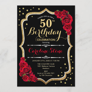 50th Birthday - Gold Black Red Roses Invitation