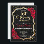 50th Birthday - Gold Black Red Roses Invitation<br><div class="desc">50th birthday celebration invitation in gold,  black and red. Elegant black design with faux glitter gold and red roses. Perfect for a stylish birthday party. Personalize with your own details. Can be customized into any age. Printed Zazzle invitations or instant download digital printable template.</div>