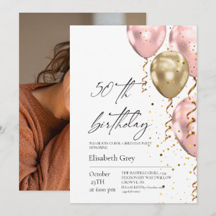 50th Birthday Gold Blush Pink Balloons Modern  Invitation