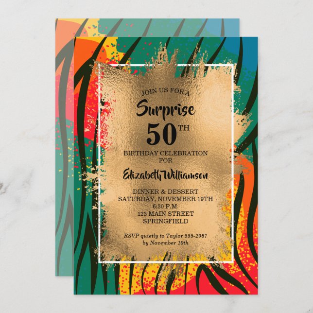 50th Birthday Gold Colourful Zebra Invitation (Front/Back)
