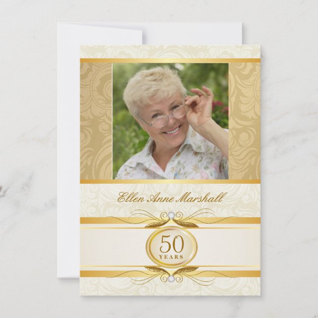 50th Birthday - Gold Damask Photo Invitation (Front)