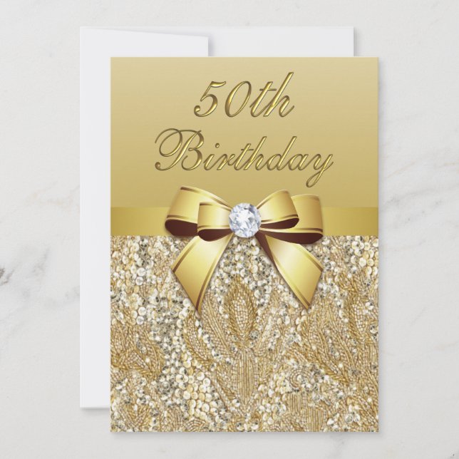 50th Birthday Gold Faux Sequins and Bow Invitation (Front)