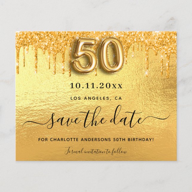 50th birthday gold glitter budget save the date flyer (Front)