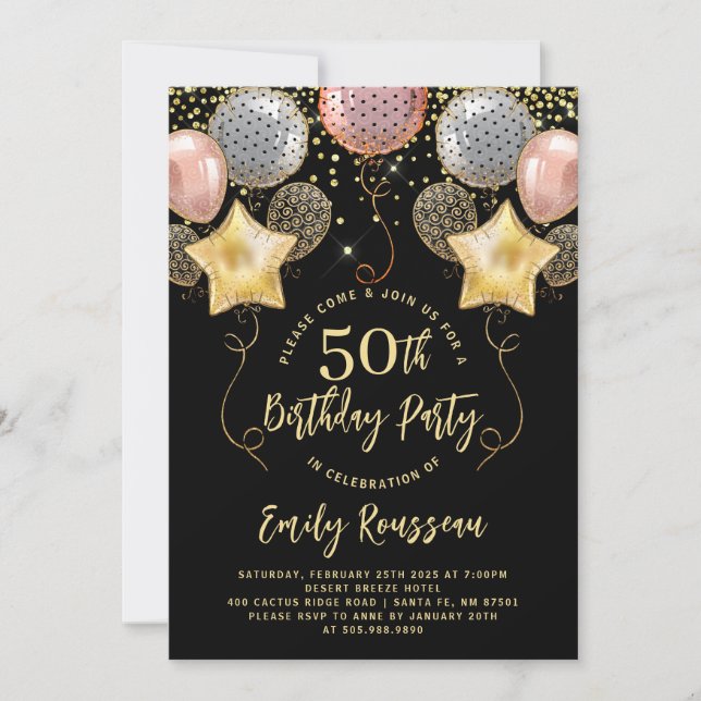 50th Birthday Gold Glitter Confetti Balloons Black Invitation (Front)