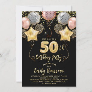 50th Birthday Gold Glitter Confetti Balloons Black Invitation