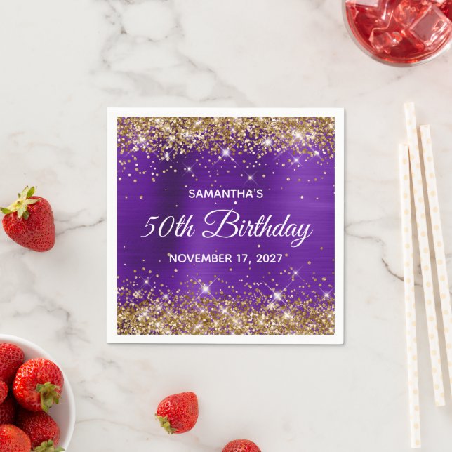 50th Birthday Gold Glitter Purple Foil Napkin (Insitu)