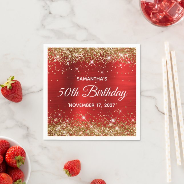 50th Birthday Gold Glitter Red Foil Napkin (Insitu)