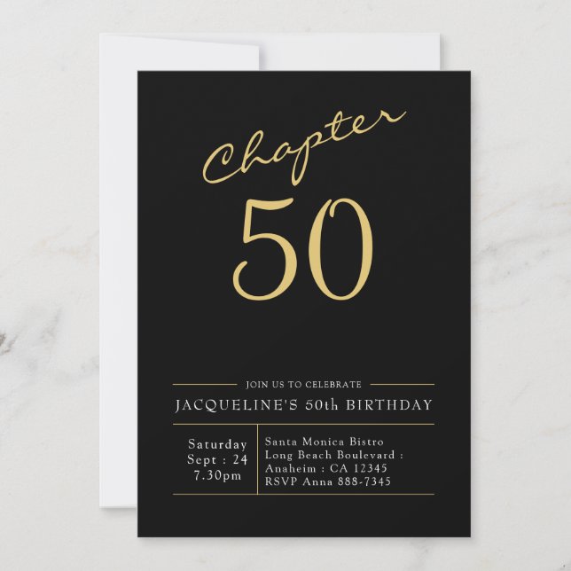 50th Birthday Gold Modern Script Black Invitation (Front)