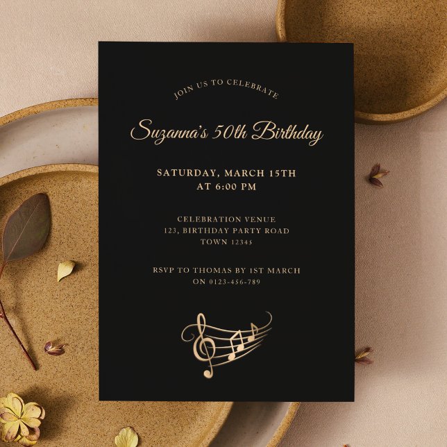 50th Birthday Gold Music Notes Elegant Invitation (Creator Uploaded)