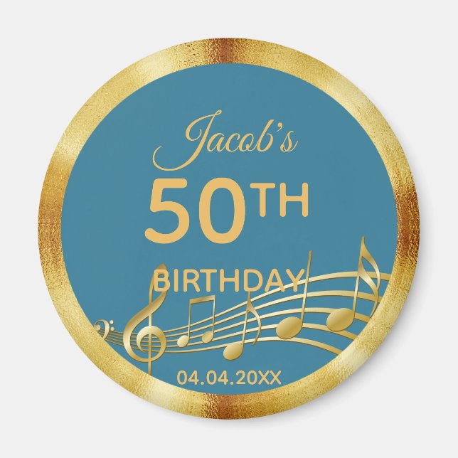 50th birthday gold music notes on teal blue green magnet (Front)