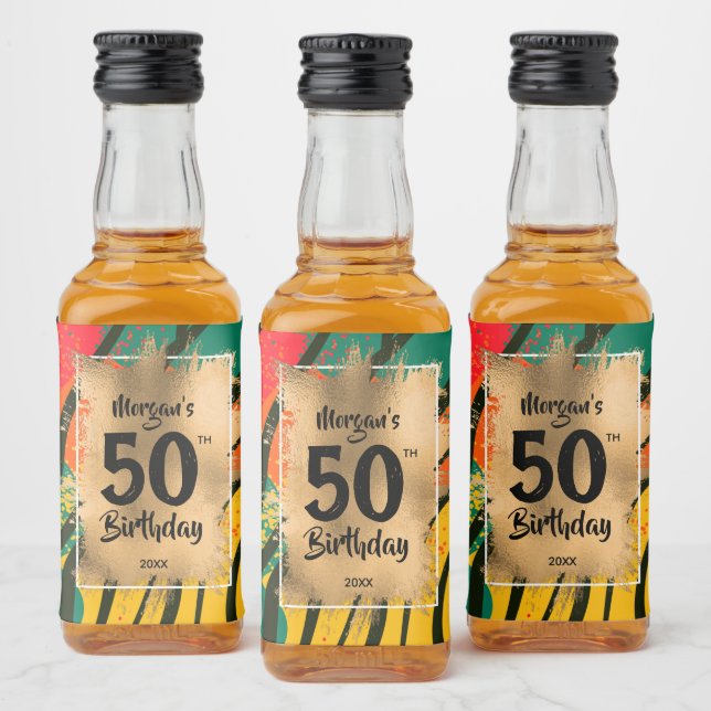 50th Birthday Gold on Zebra Print Mini Liquor Bottle Label (Bottles)