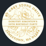 50th Birthday Gold Rose Return Address Label<br><div class="desc">Add a special touch to all your 50th Birthday invitation envelopes with this elegant round design. It features a bouquet of gold roses in the centre. Open line art gives it a vintage botanical vibe. The birthday celebrant's name and 50th birthday party are written across the centre on a white...</div>