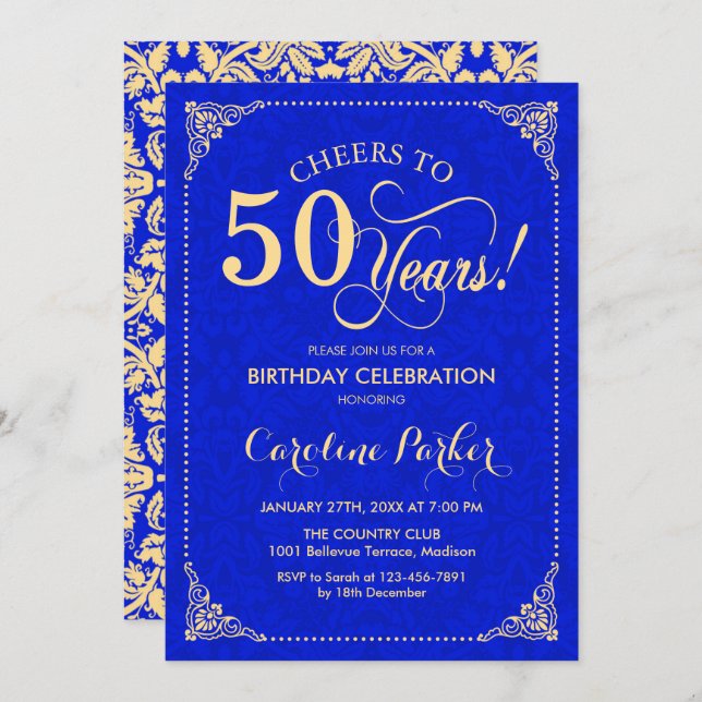 50th Birthday - Gold Royal Blue Damask Invitation (Front/Back)
