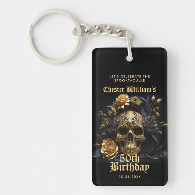 50TH BIRTHDAY GOLD SKULL ROSE HALLOWEEN PARTY KEY RING (Front)