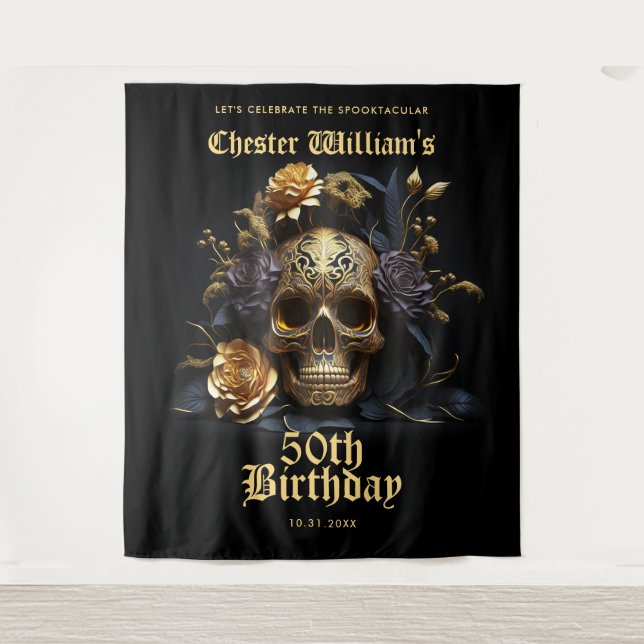 50TH BIRTHDAY GOLD SKULL ROSE HALLOWEEN PARTY SIGN TAPESTRY (Front)