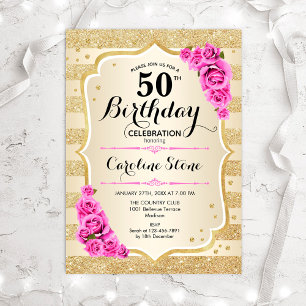 50th Birthday - Gold Stripes Pink Roses Invitation