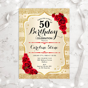 50th Birthday - Gold Stripes Roses Invitation