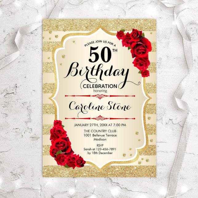 50th Birthday - Gold Stripes Roses Invitation (Creator Uploaded)