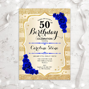 50th Birthday - Gold Stripes Royal Blue Roses Invitation
