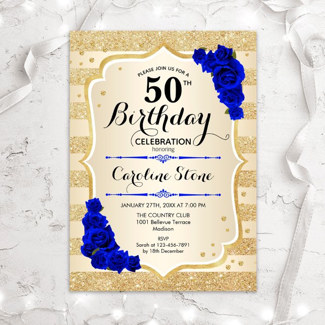 50th Birthday - Gold Stripes Royal Blue Roses Invitation (Creator Uploaded)