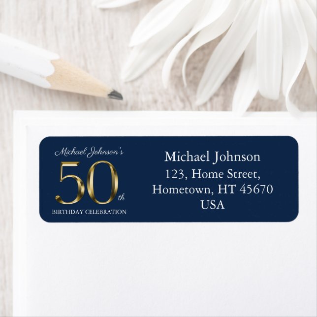 50th Birthday Gold Text Navy Blue Return Address Label (Insitu)