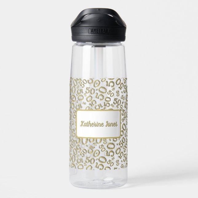 50th Birthday Gold & White Random Number Pattern Water Bottle (Back)