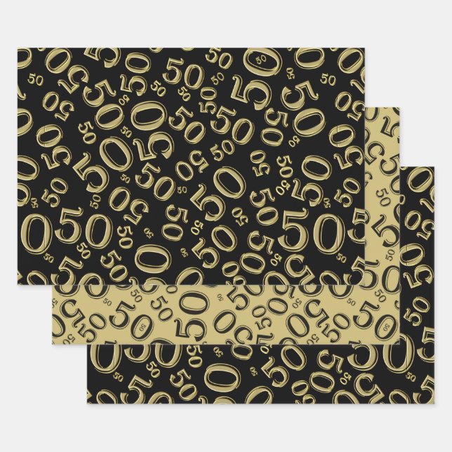 50th Birthday Gold & White Random Number Pattern Wrapping Paper Sheet (Set)