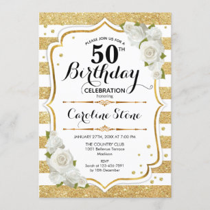 50th Birthday - Gold White Stripes Roses Invitation
