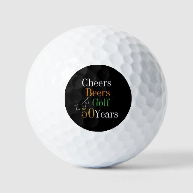 50th Birthday Golf Cheers Beers Black and Gold Balls (Front)