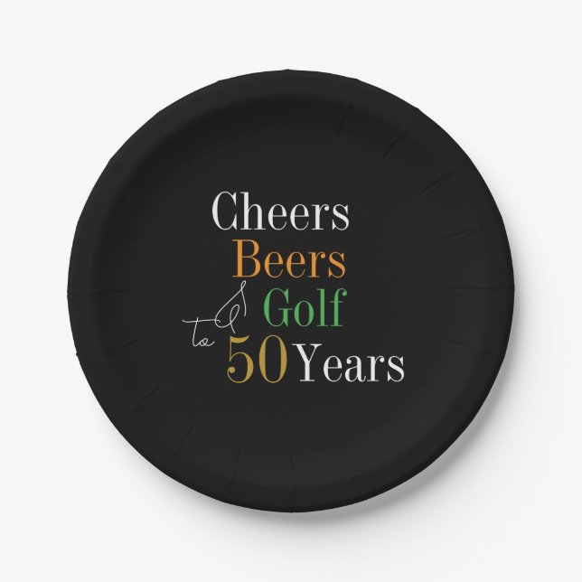 50th Birthday Golf Cheers Beers Black Gold Party Paper Plate (Front)