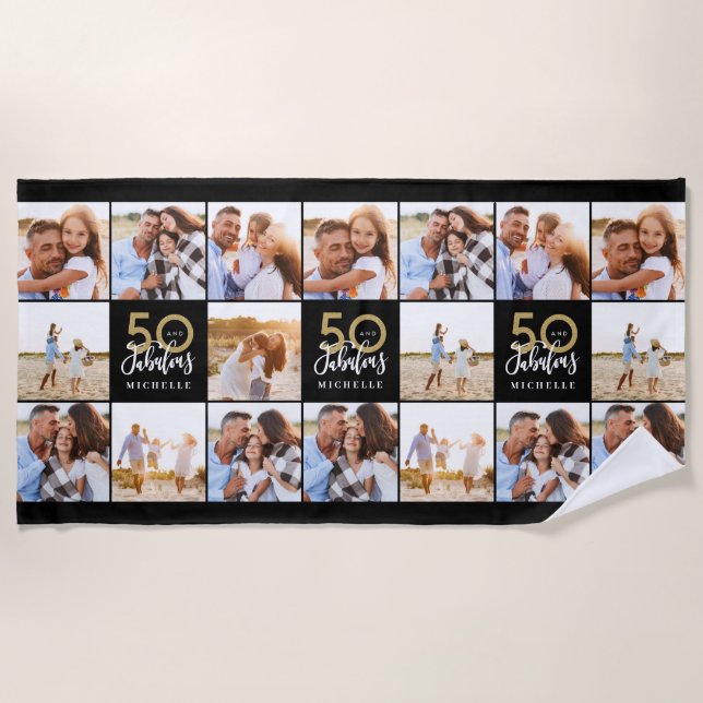 50th birthday good gold black photo collage chic b beach towel (Front)