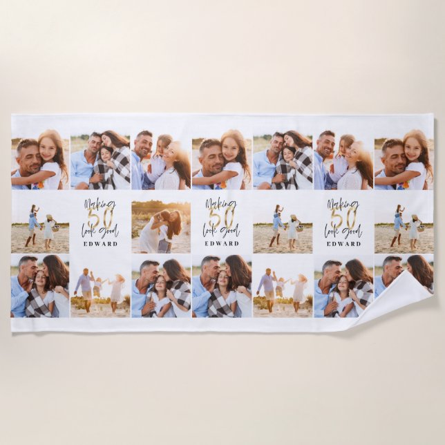 50th birthday good gold black photo collage chic beach towel (Front)