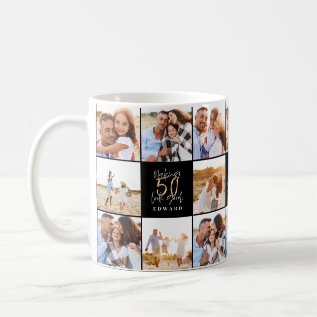 50th birthday good gold black photo collage chic coffee mug (Left)
