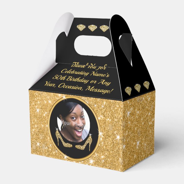 50th Birthday Goodie Bag Ideas, Black and Gold  Favour Box (Front Side)