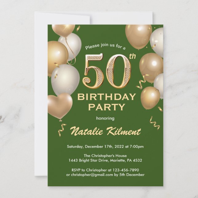 50th Birthday Green and Gold Glitter Balloons Invitation (Front)