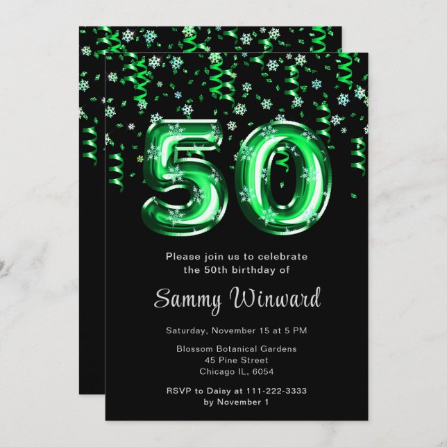 50th Birthday Green Balloons Snowflake Confetti Invitation (Front/Back)