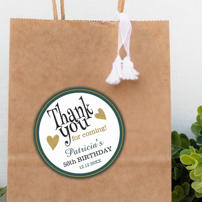 50th Birthday Green Black And Gold Thank You Favou Classic Round Sticker (Creator Uploaded)