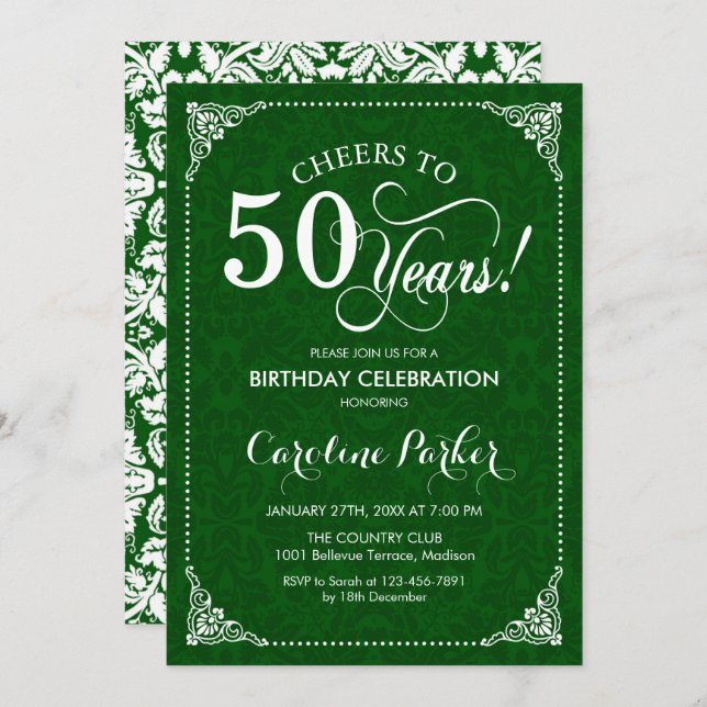 50th Birthday - Green Damask Invitation (Front/Back)