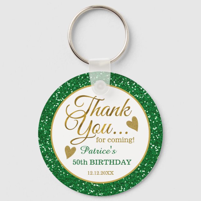50th Birthday Green Glitter And Gold Thank You Key Ring (Front)
