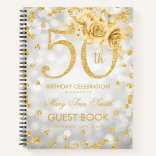 50th Birthday Guestbook Gold Glam Lights Silver Notebook