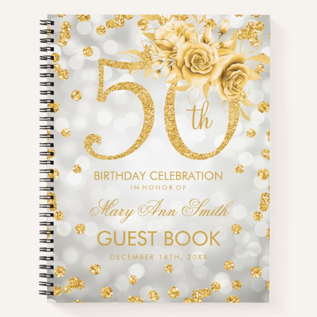 50th Birthday Guestbook Gold Glam Lights Silver  Notebook (Front)