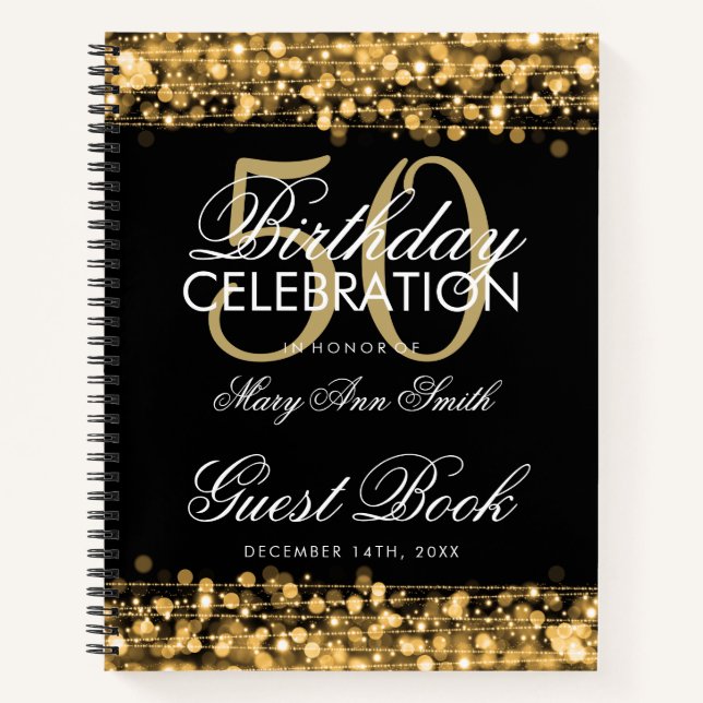 50th Birthday Guestbook Party Sparkles Gold Notebook (Front)