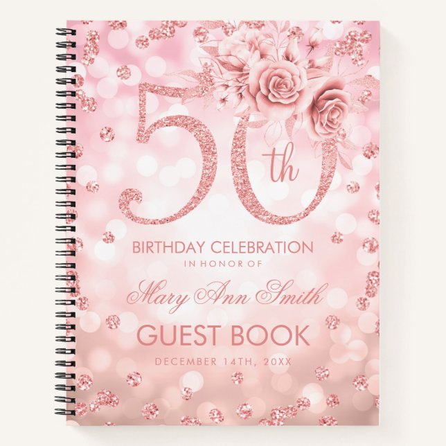 50th Birthday Guestbook Rose Gold Glam Lights Notebook (Front)