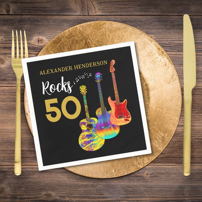 50th Birthday Guitar Rocks 50 Name Napkin (Rock and roll 50th birthday party napkins personalized rocks 50 for him funky guitar gold typography)